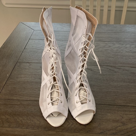 NWT BURJU Xiomara Open Toe Cross Design Fishnet Mesh Ankle Boots | White 12 - Picture 9 of 11